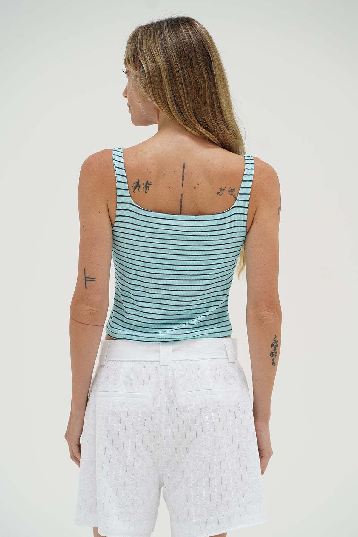 LNA Abby Deep Scoop Tank in teal stripe