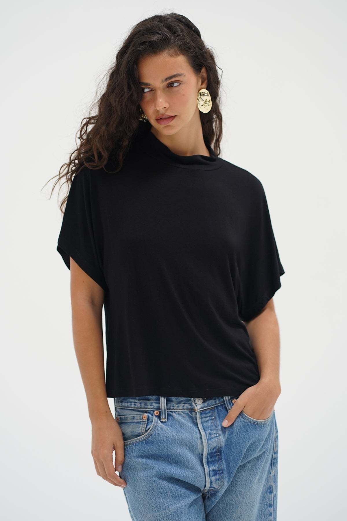 LNA Charlee Mock Neck tee in black - short sleeve