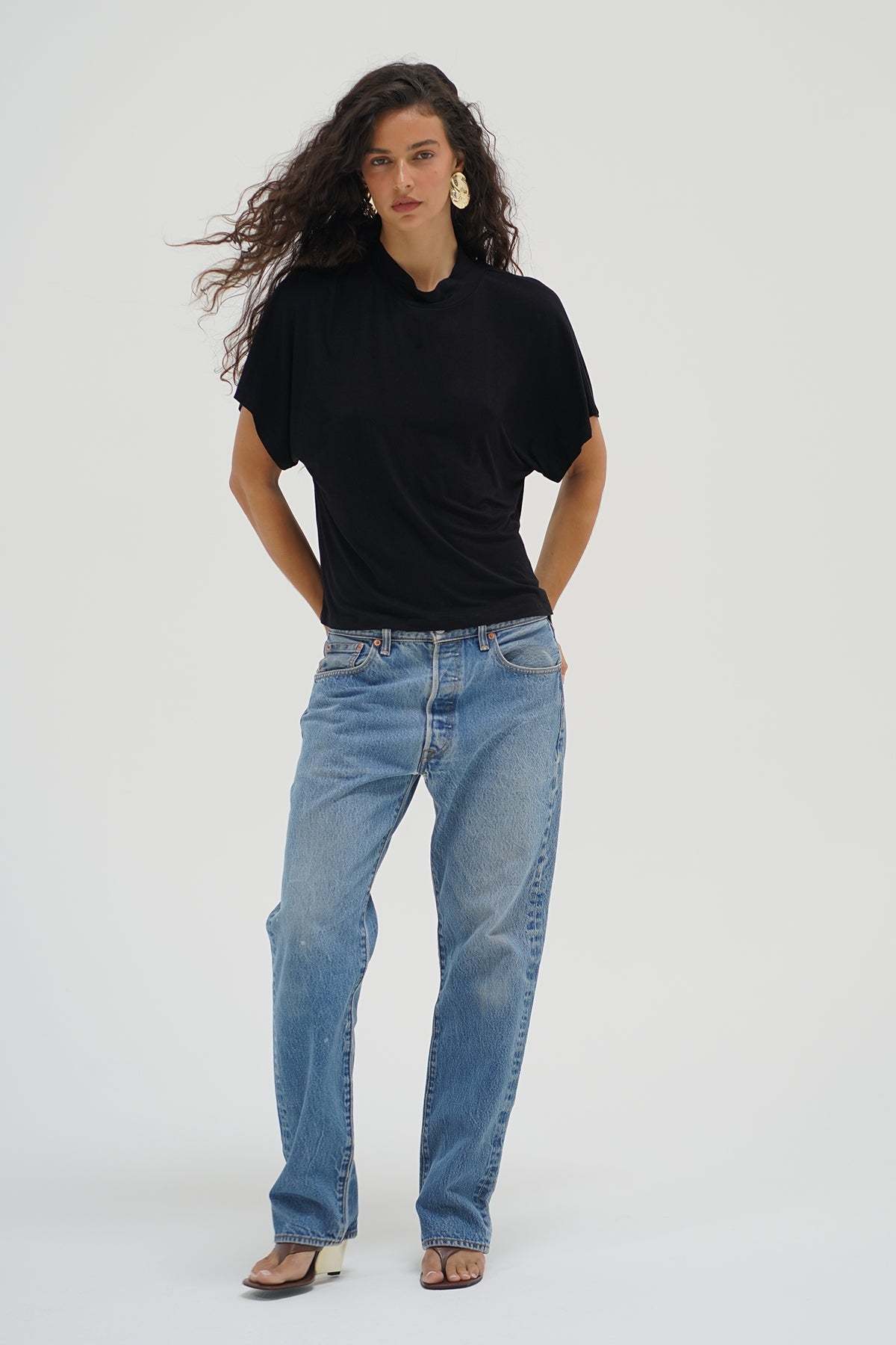 LNA Charlee Mock Neck tee in black - short sleeve