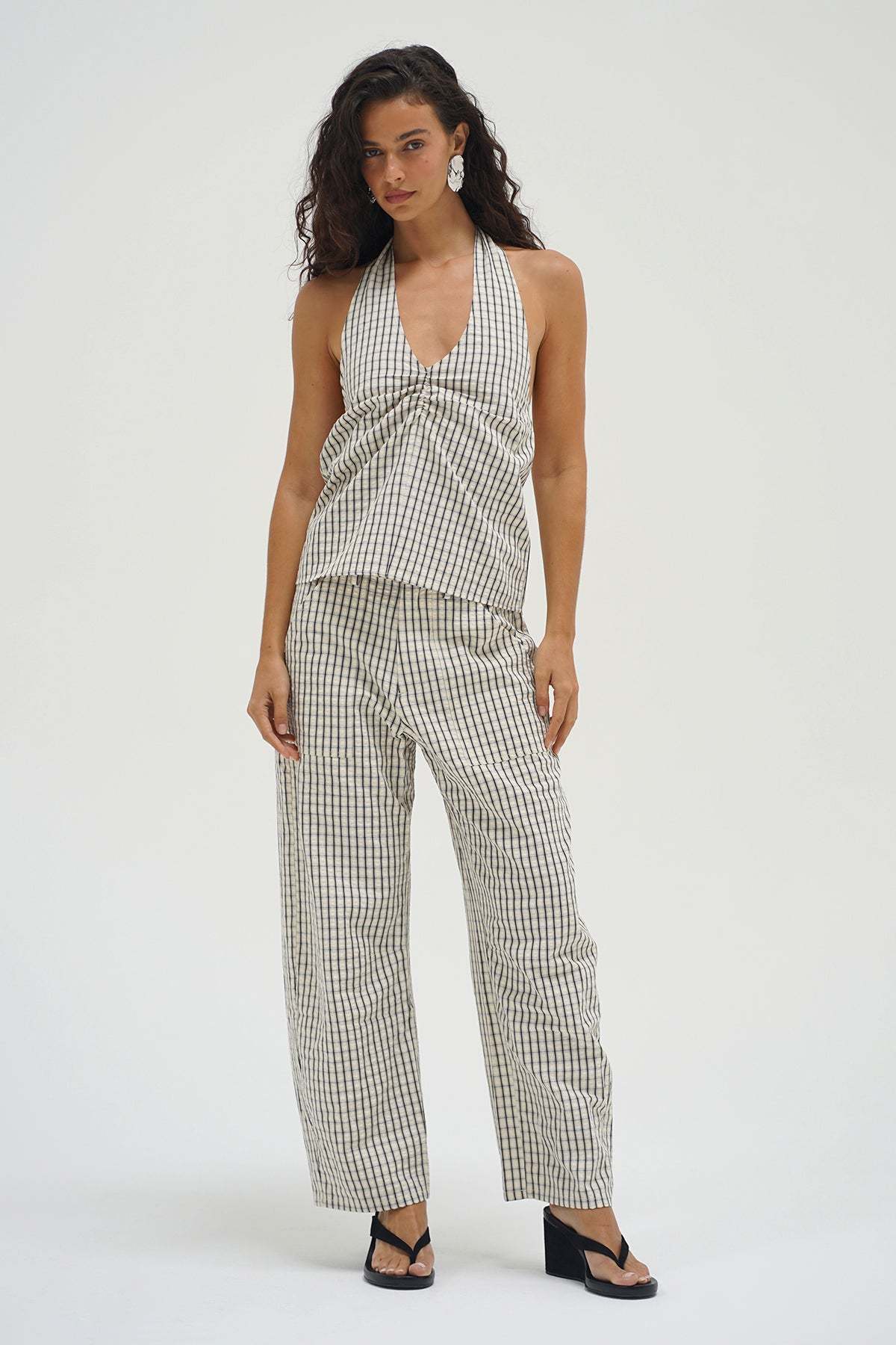 LNA Cora Halter Top in cream plaid
