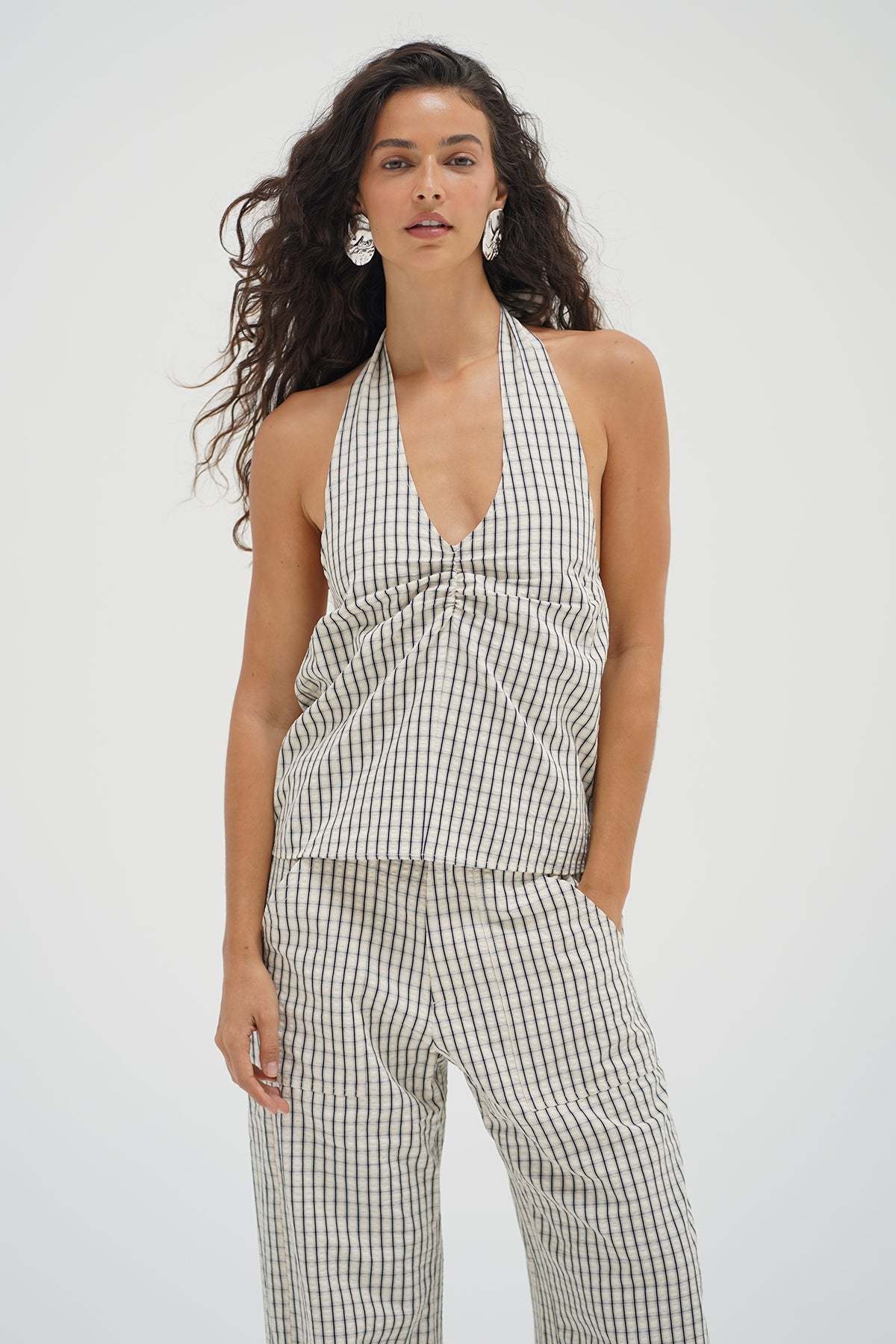LNA Cora Halter Top in cream plaid