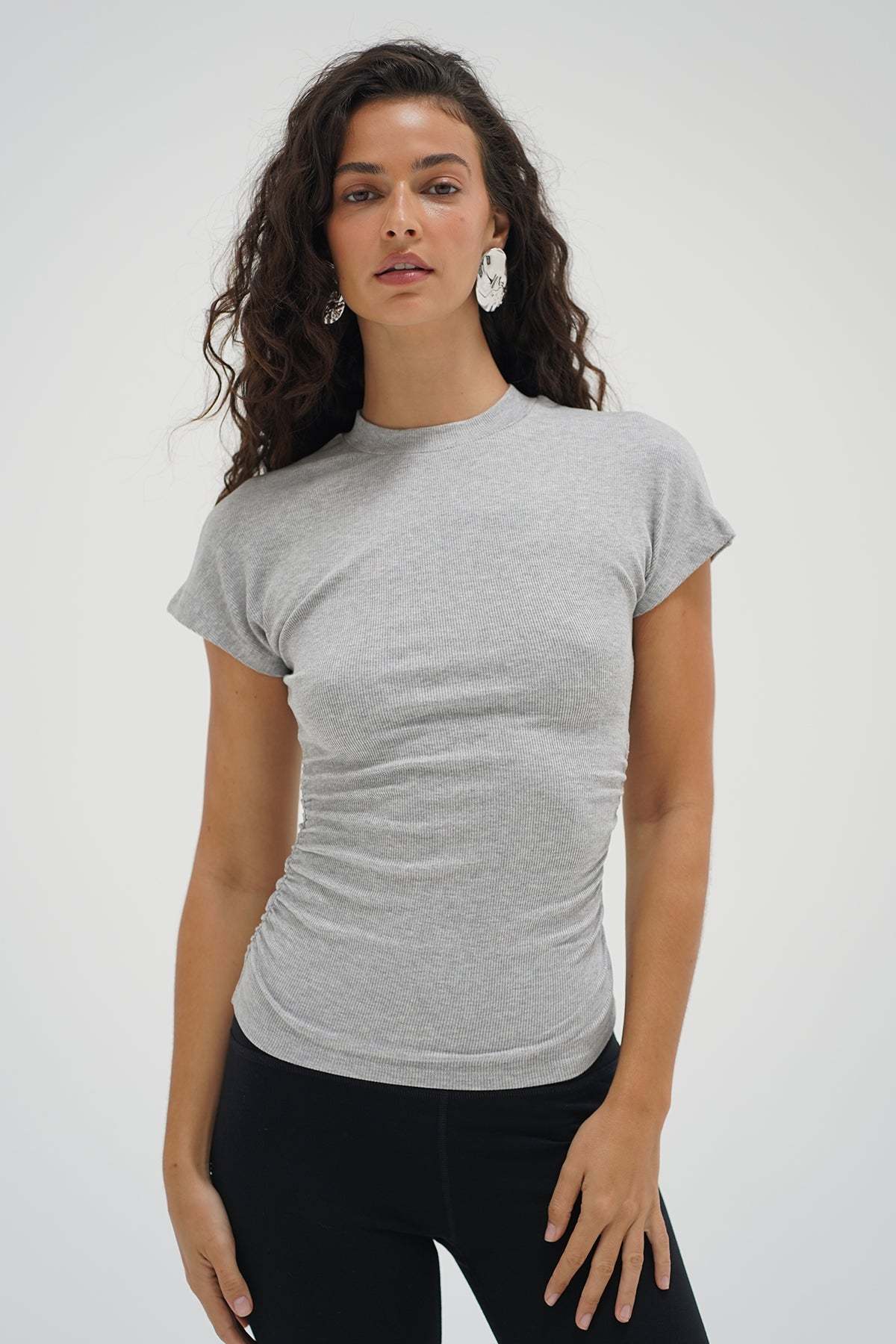 LNA Dani Mock Neck Short Sleeve top in heather grey