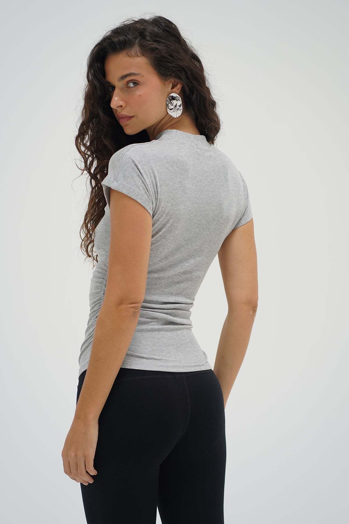 LNA Dani Mock Neck Short Sleeve top in heather grey