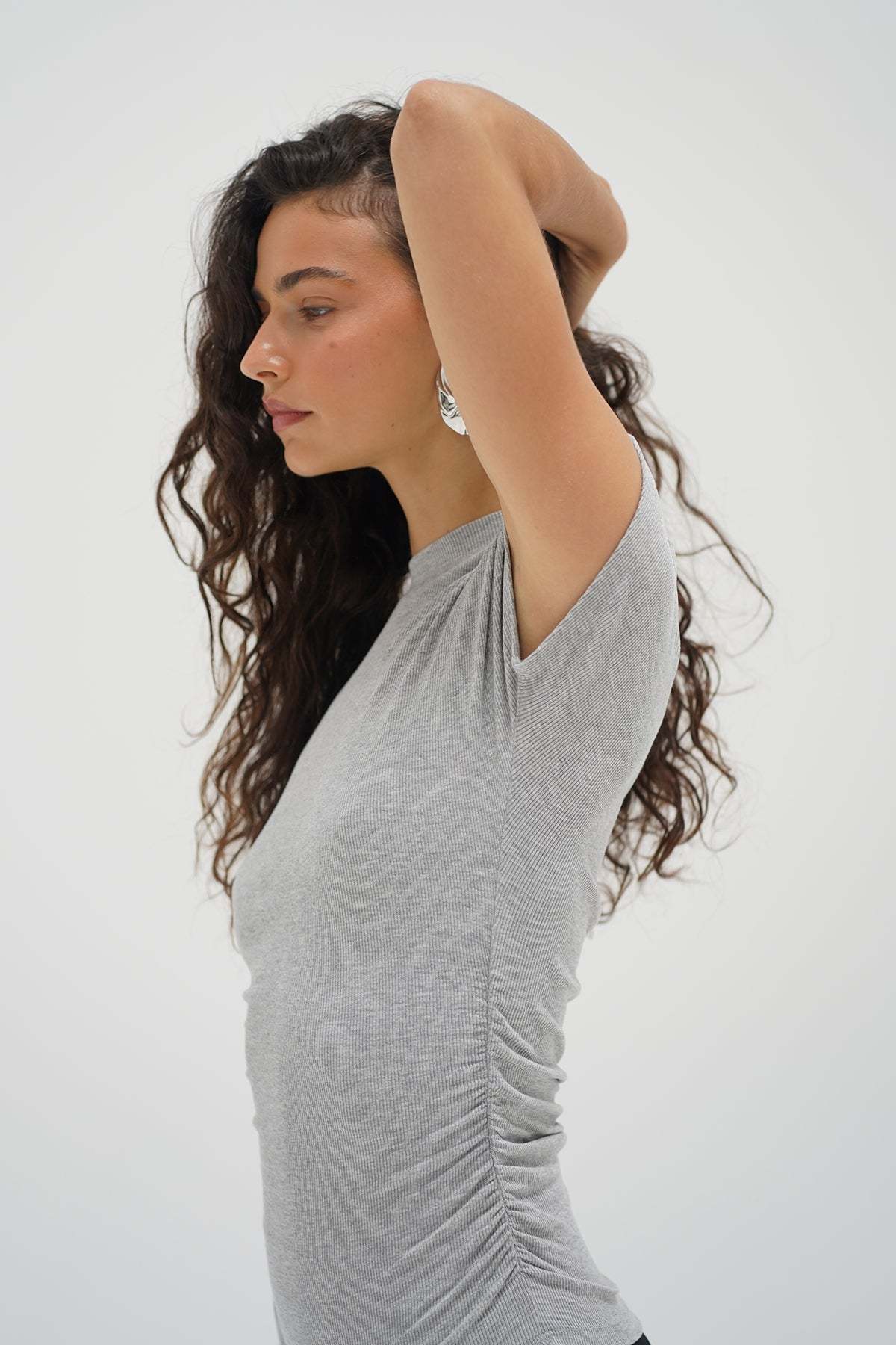 LNA Dani Mock Neck Short Sleeve top in heather grey ruching on the side