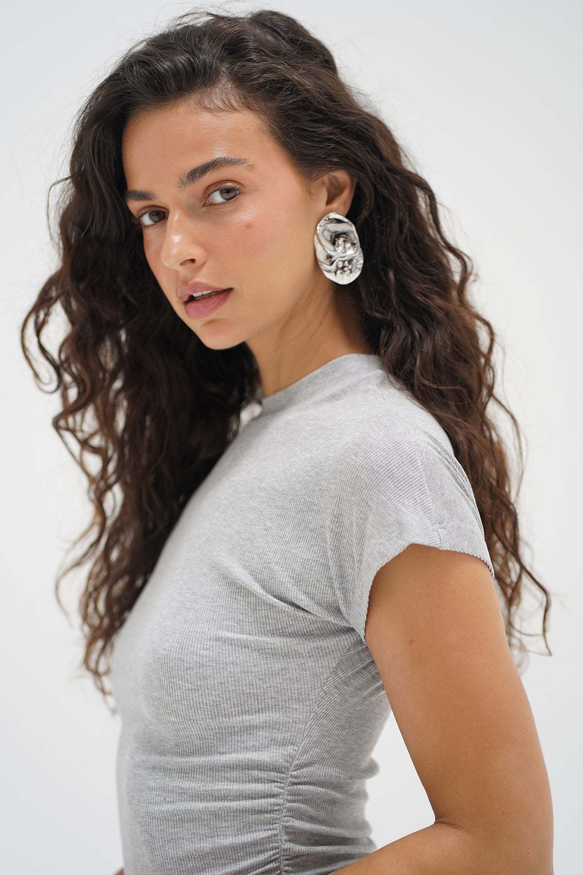 LNA Dani Mock Neck Short Sleeve top in heather grey