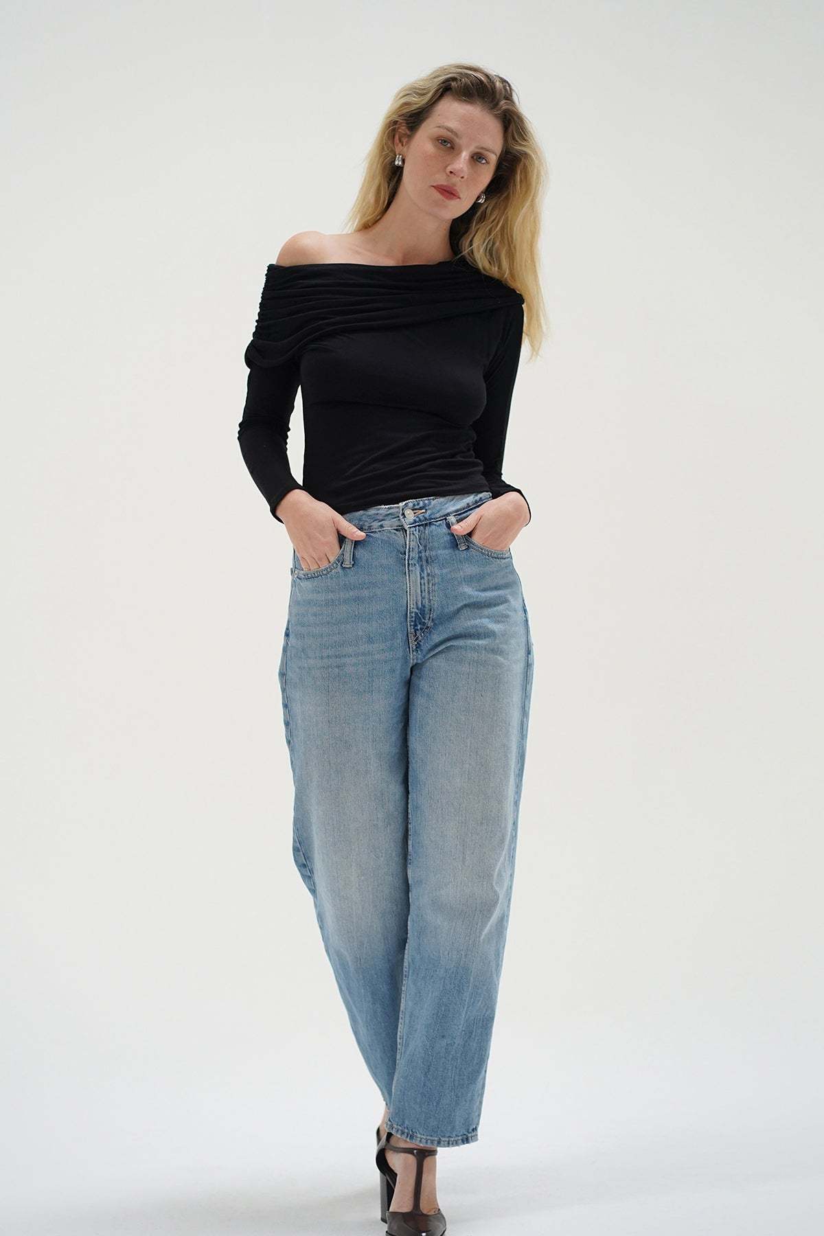 LNA Giselle is a  black off-shoulder long sleeve top