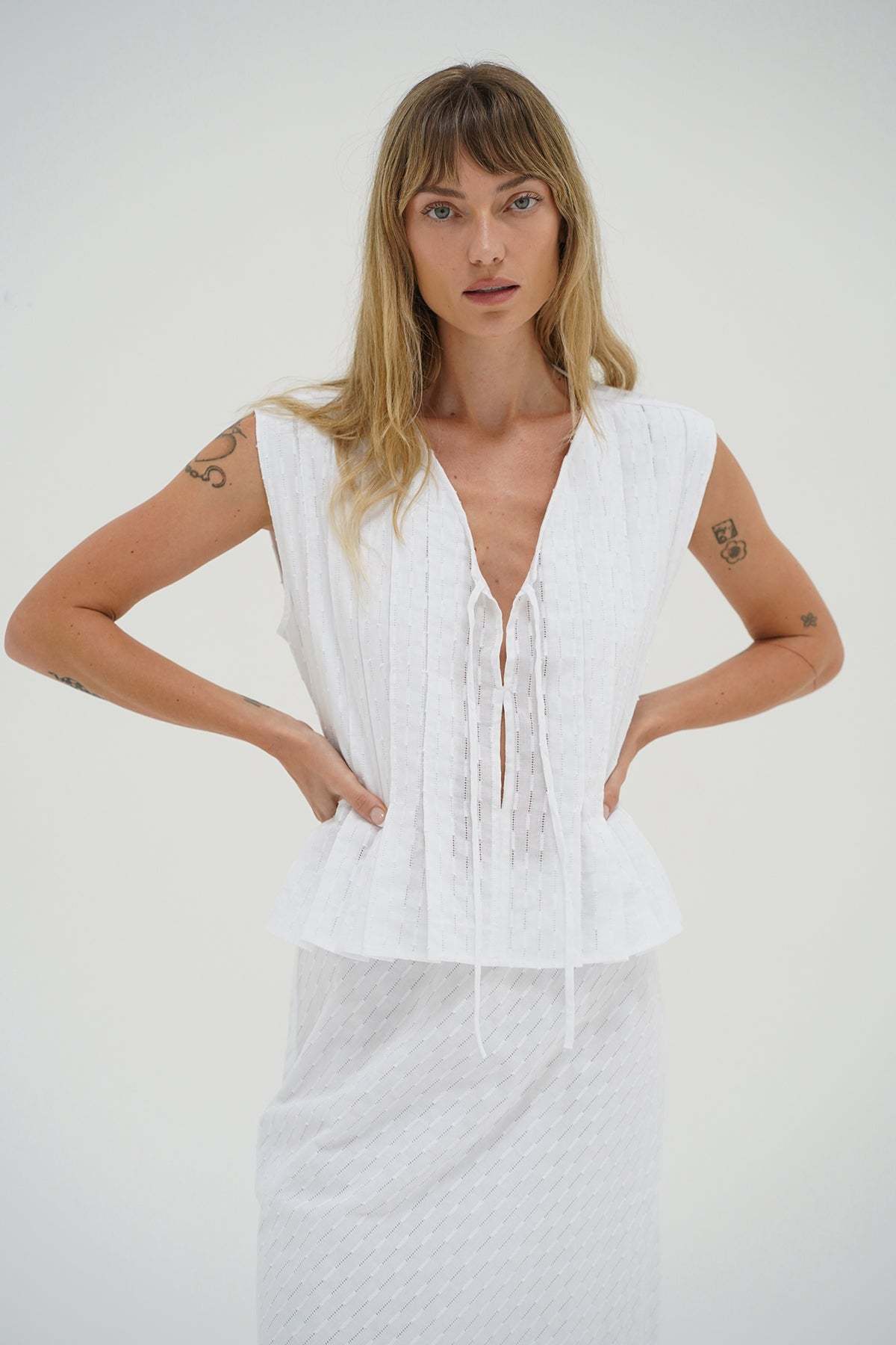LNA Kala Eyelet Tie Top in white