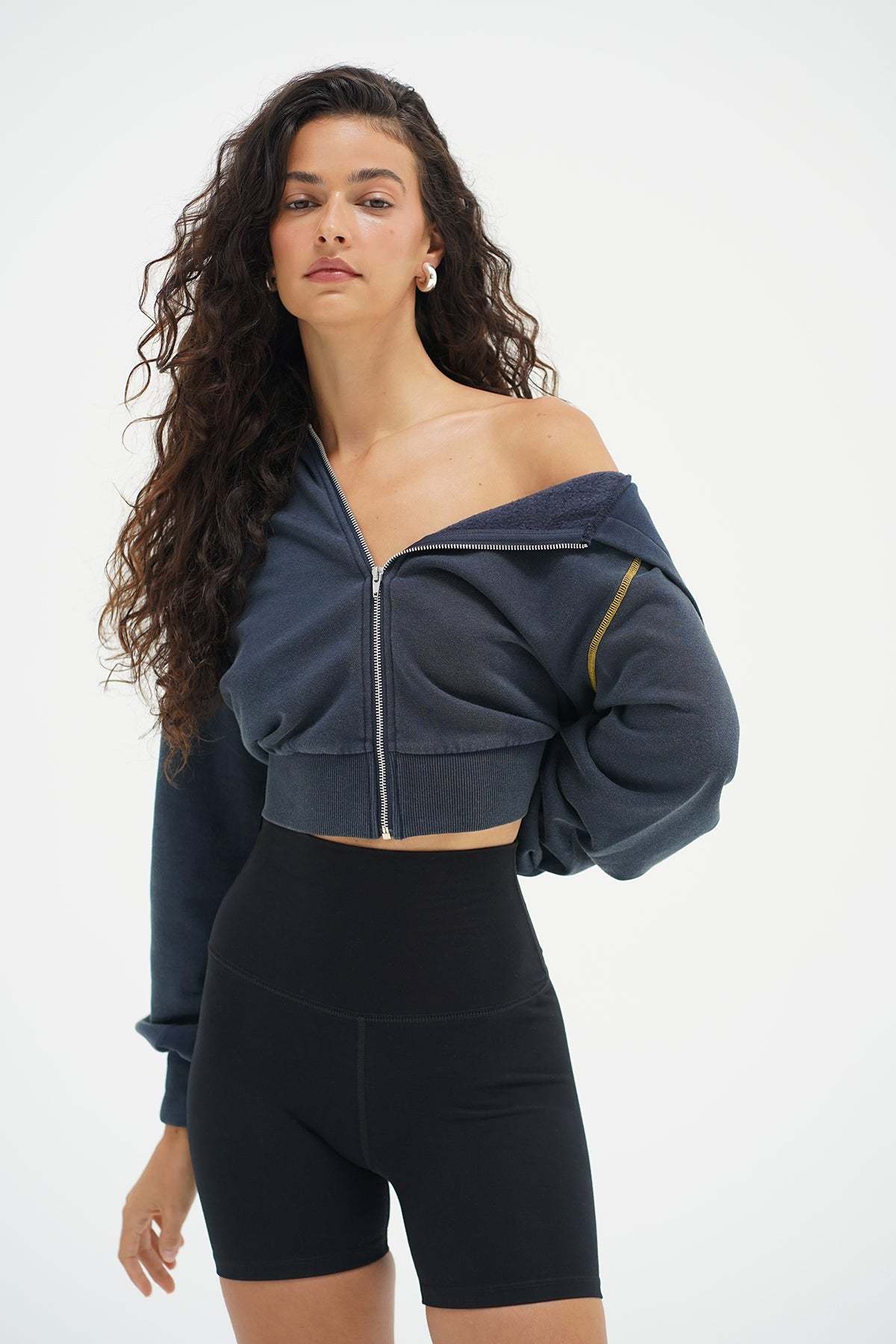 LNA Lennon Zip Up Hoodie in Stone Wash Navy and Shorty Bike Short
