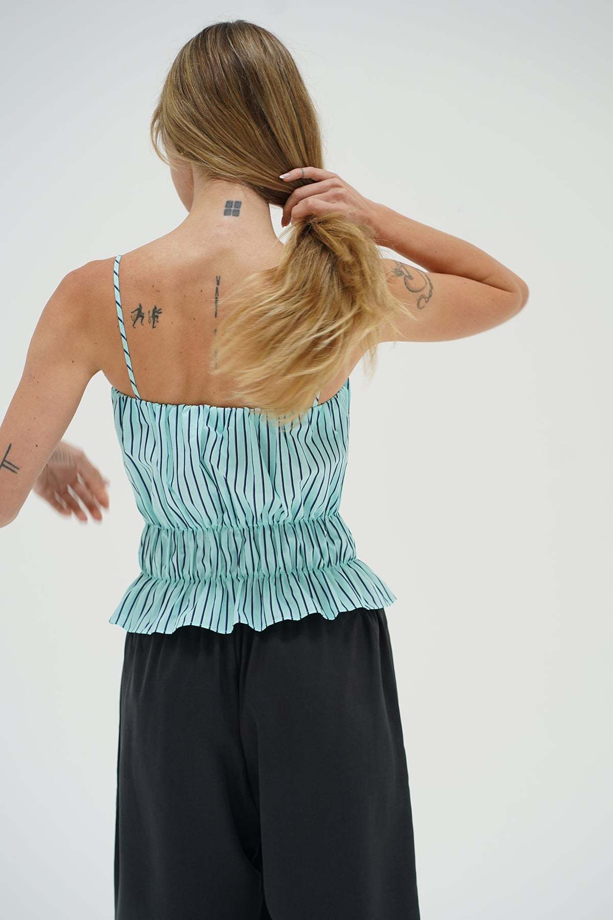 LNA Pali Stripe top in teal with navy stripe