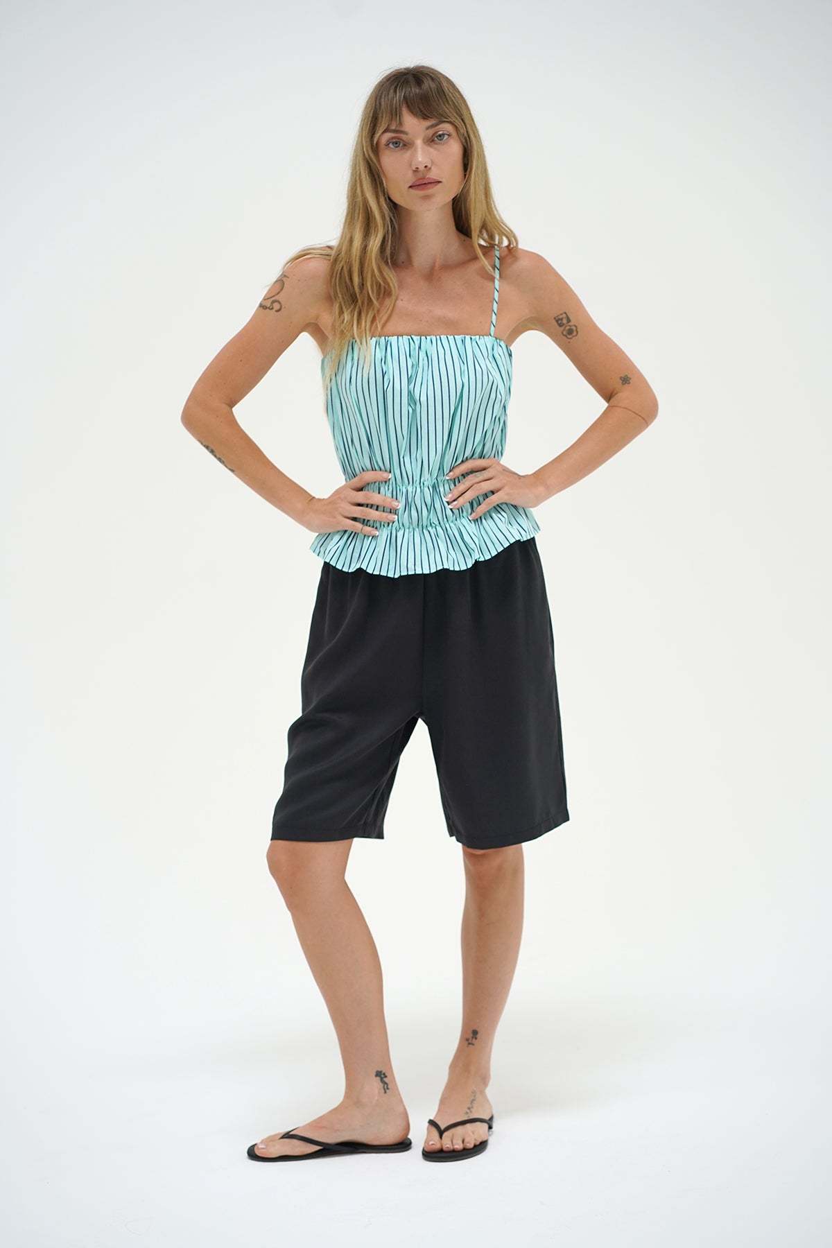 LNA Pali Stripe top in teal with navy stripe