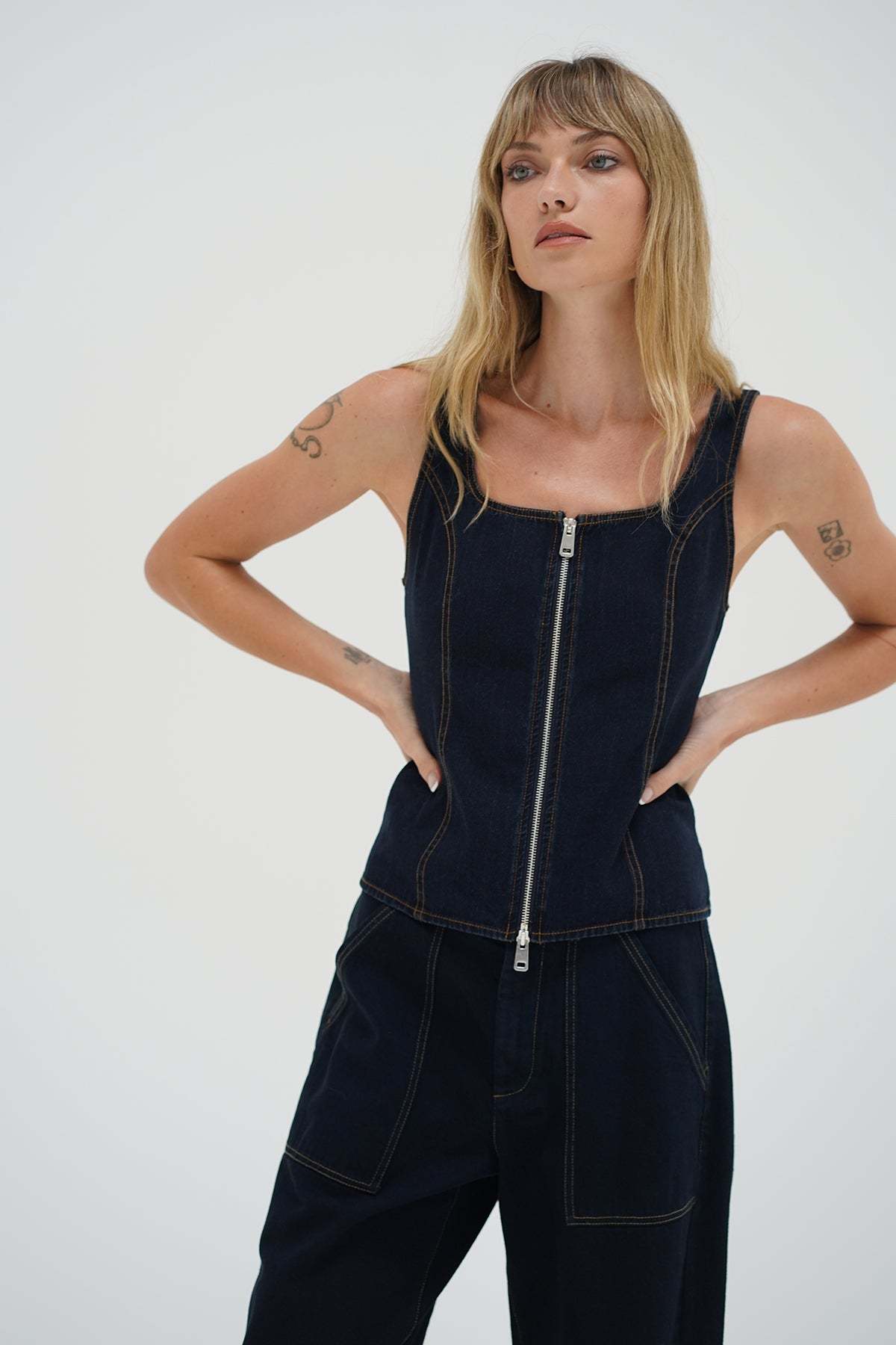 LNA Gili Zip top in raw denim look