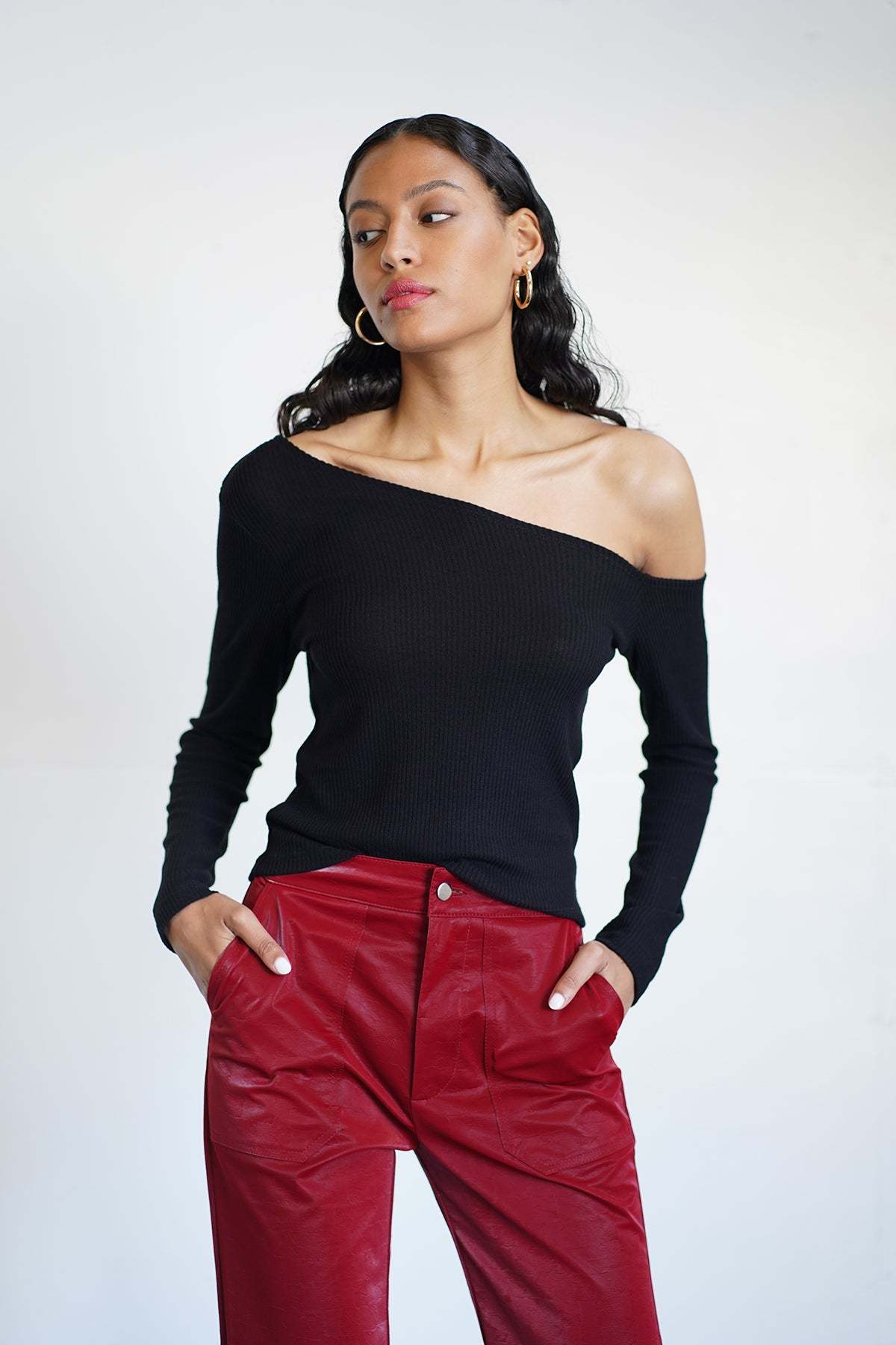 LNA Scene brushed ribbed off the shoulder sweater in black