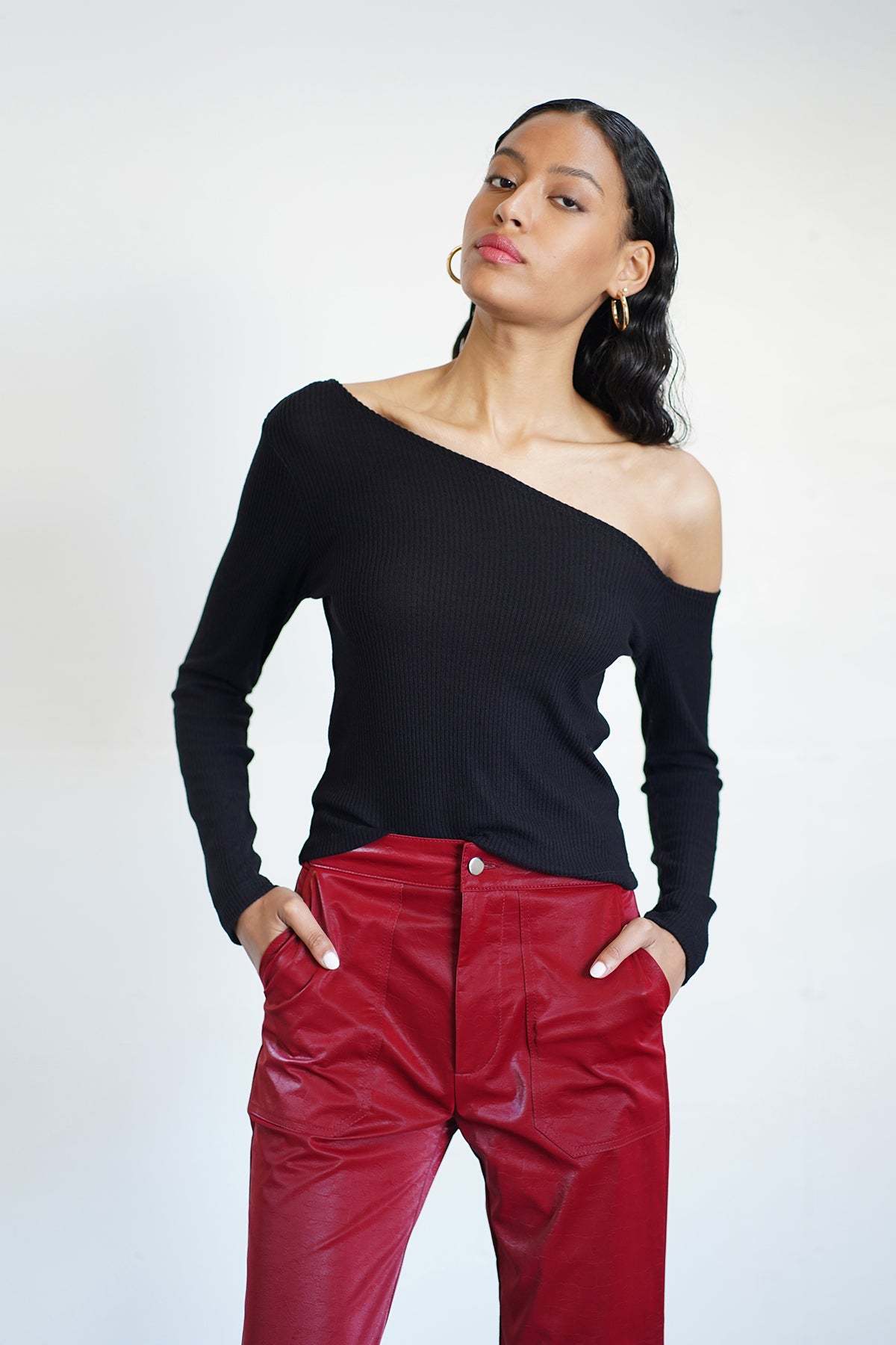 LNA Scene brushed ribbed off the shoulder sweater in black