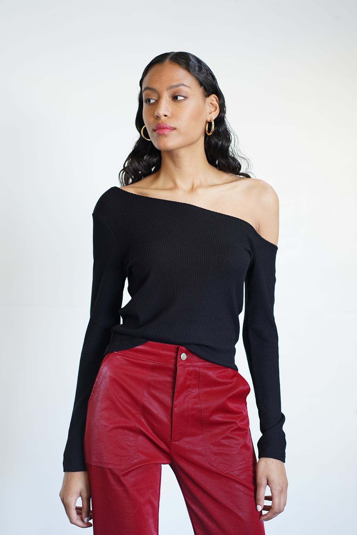 LNA Scene brushed ribbed off the shoulder sweater in black