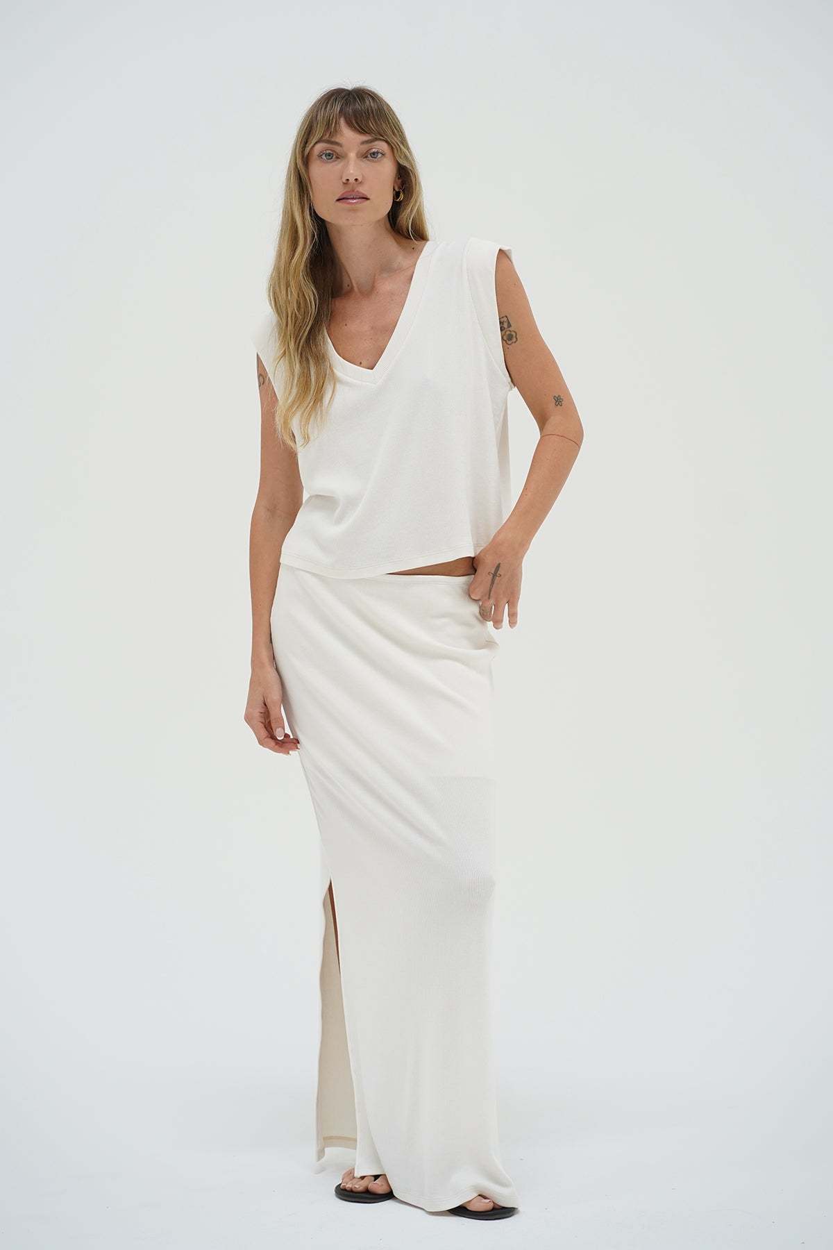 LNA Steph Ribbed Maxi Skirt in whisper white