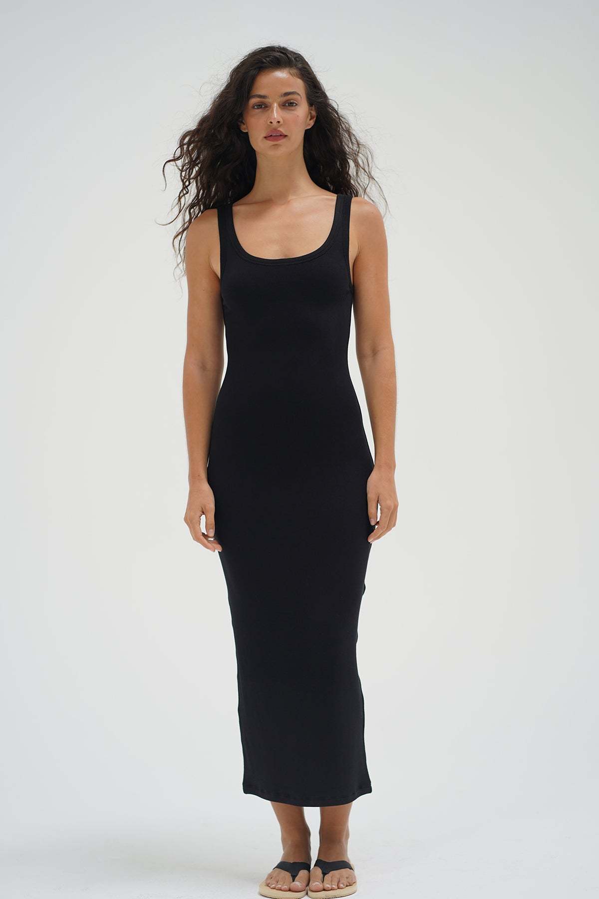 LNA Timeless Ribbed Tank Midi Dress in Black 