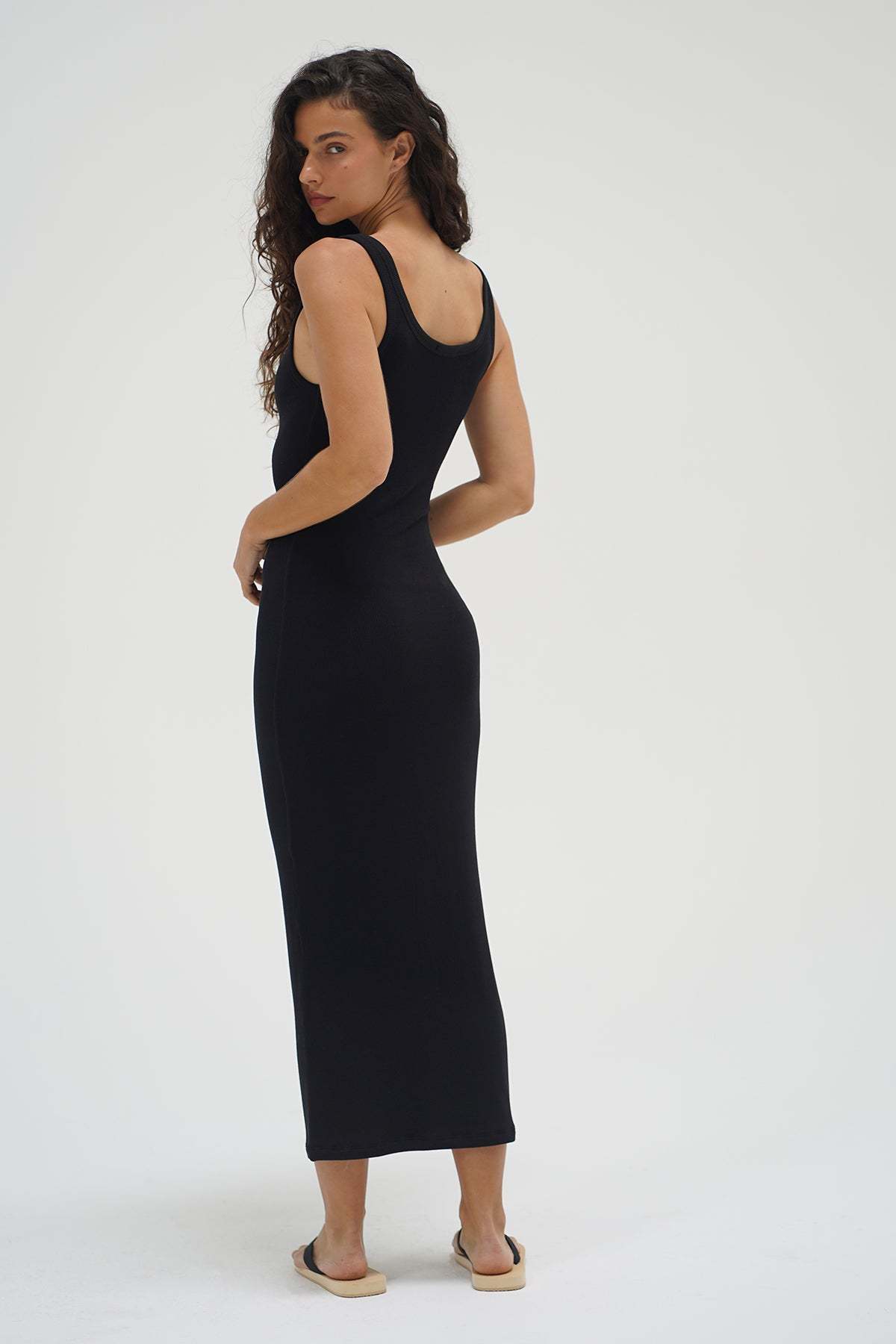 LNA Timeless Ribbed Tank Midi Dress in Black 