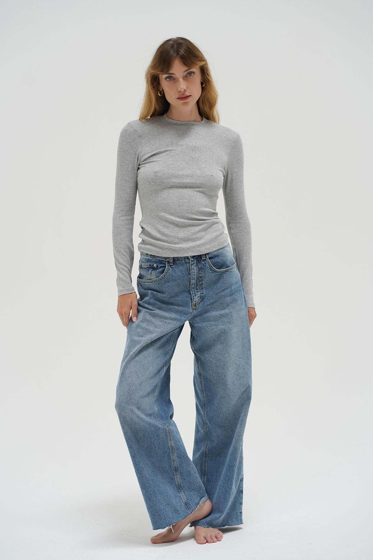 LNA Dalston Ribbed Long Sleeve in Heather Grey