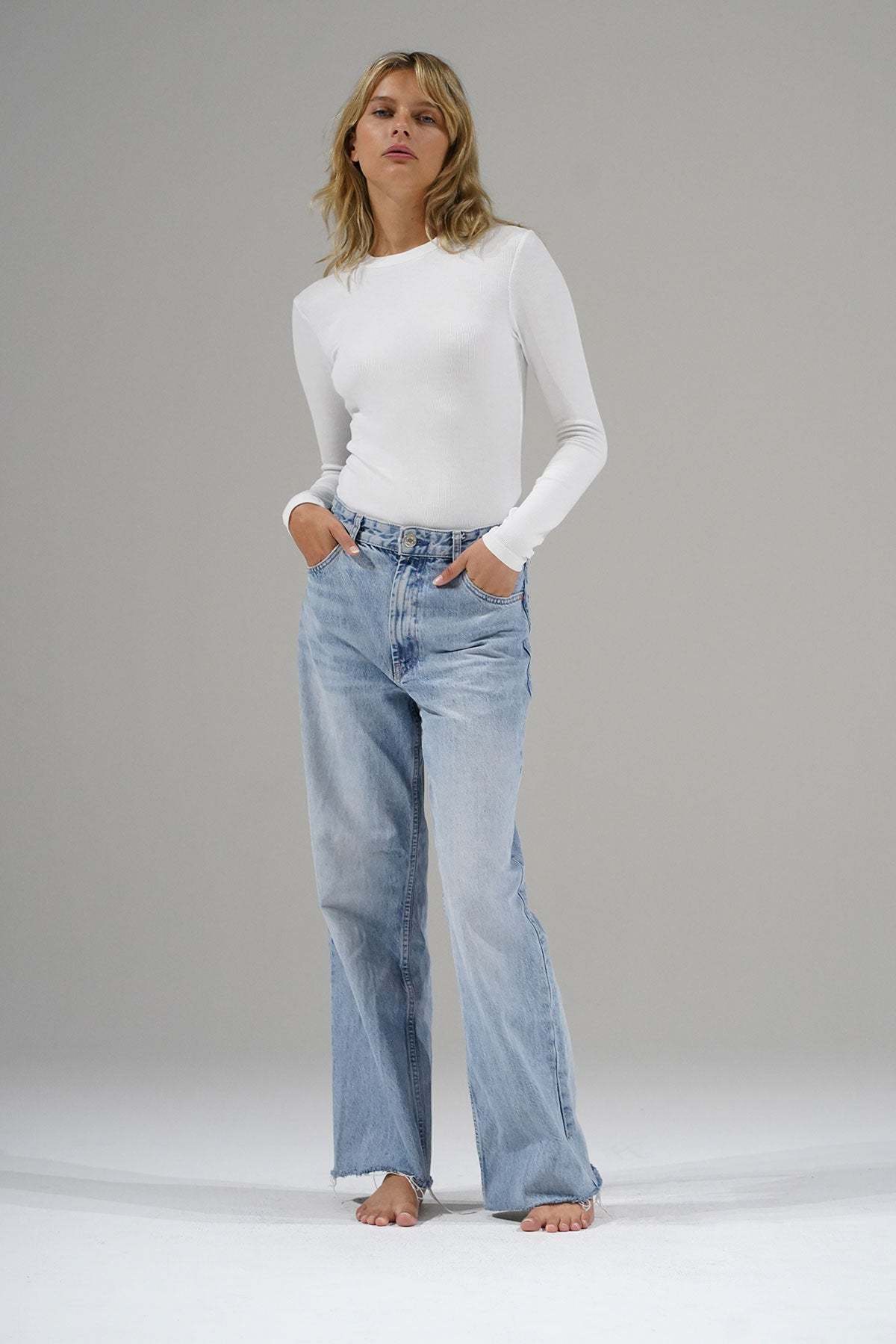LNA Dalston Ribbed Long Sleeve Top in White