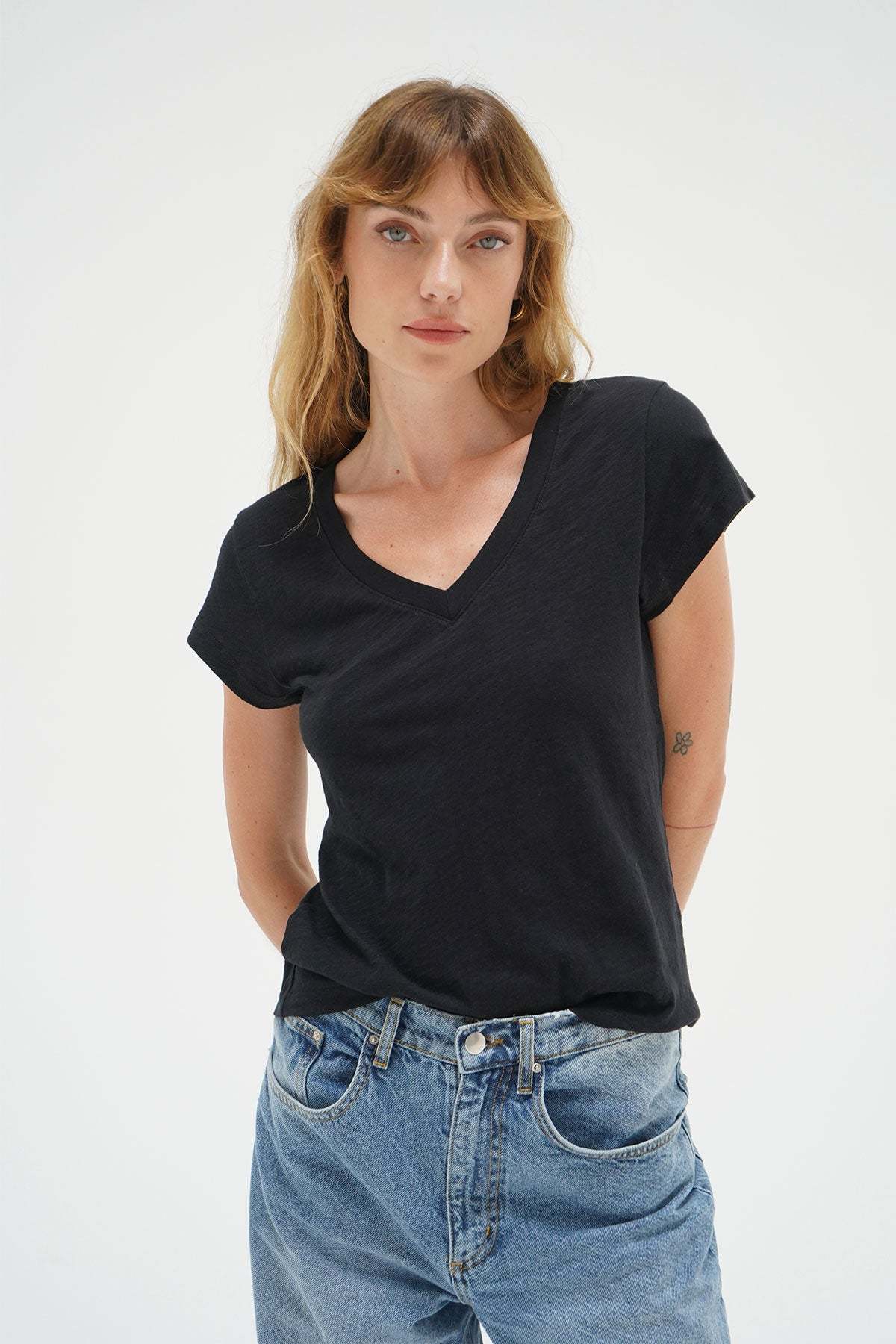 LNA Fitted Deep V Cotton Tee in Black