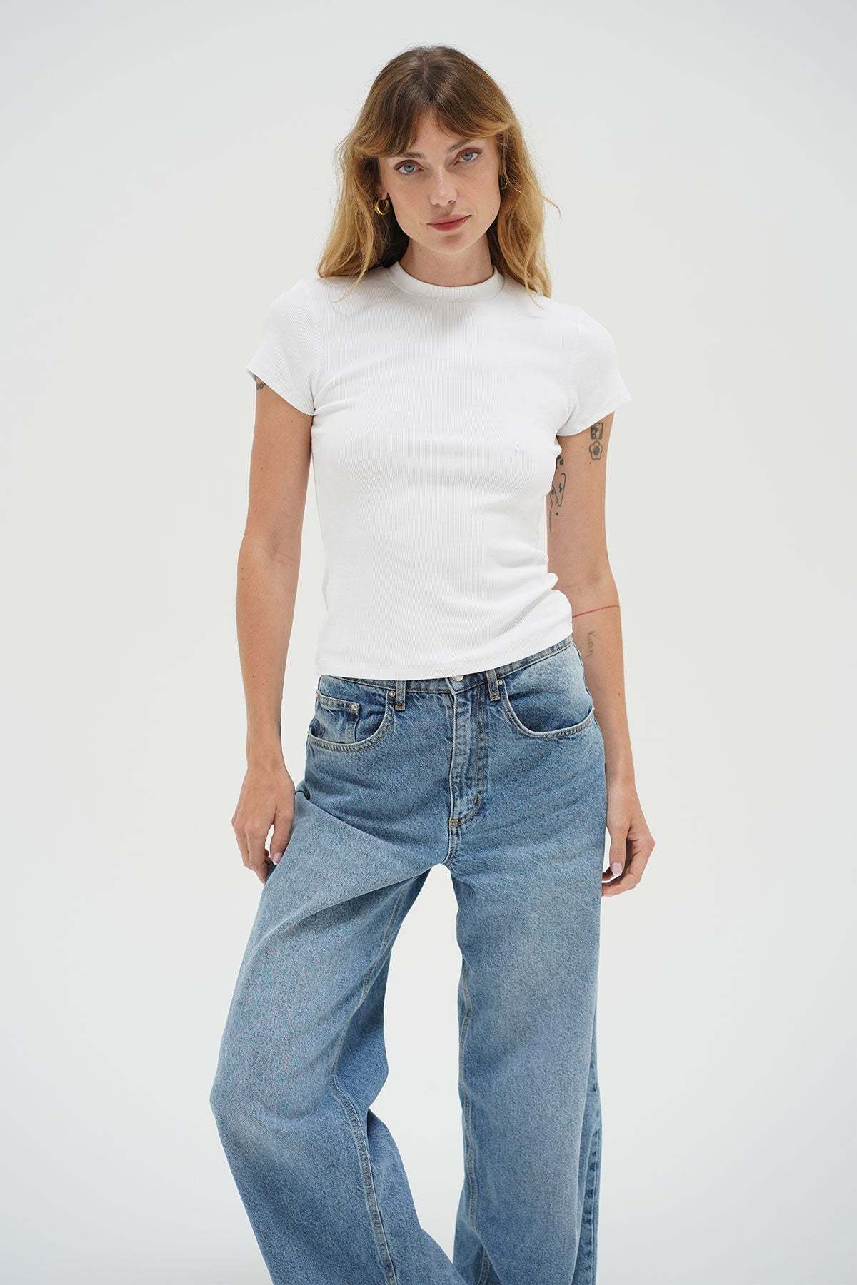 LNA Fitted Rib Crew Tee in White